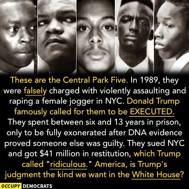 vee817's tweet photo. @realDonaldTrump When you called for the death of the #CentralParkFive & they were INNOCENT!!! Youโre a DISGRACE... #NeverApologized
#FakePresident https://t.co/z7p9khlZ0r