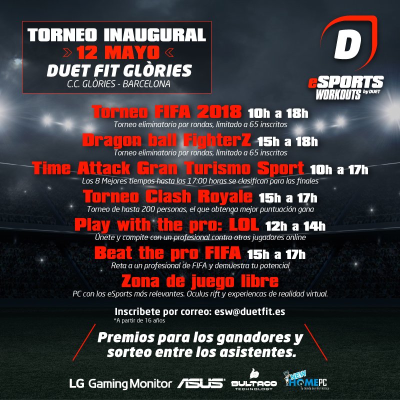 ASUS_ib's tweet photo. ¡Este sábado 12 de Mayo participamos en la inauguración de la zona eSports del gimnasio Duet Fit del CC Glóries! ¿Quieres participar en los torneos inaugurales? 🕹️🖥️ @DuetFit https://t.co/niq4jMFDLa