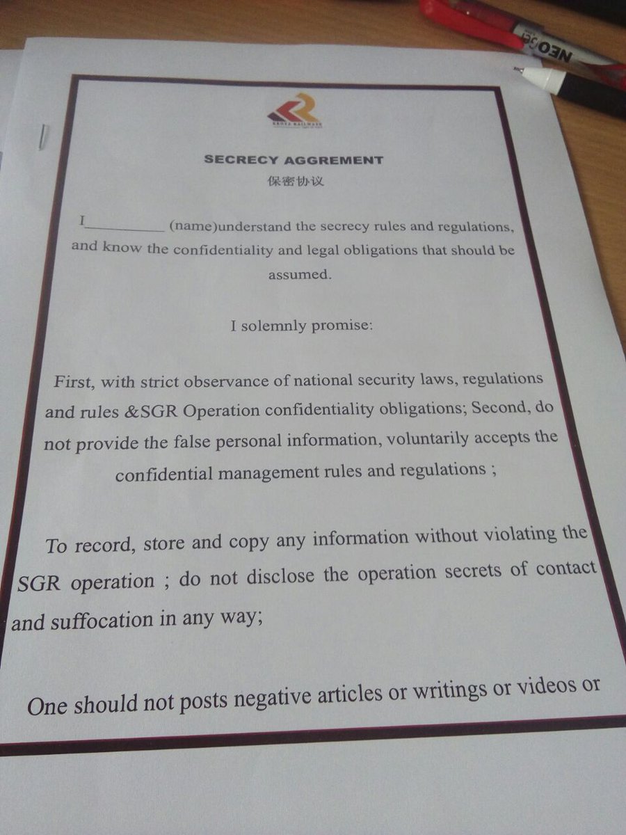 KinyanBoy's tweet photo. SGR employees have been complaining about discrimination and exploitation at work and mistreatment from the Chinese.
Now Kenya Railways is forcing employees to sign a secrecy agreement that will criminalize any form of public lamentations. https://t.co/MU6k7aMLXe