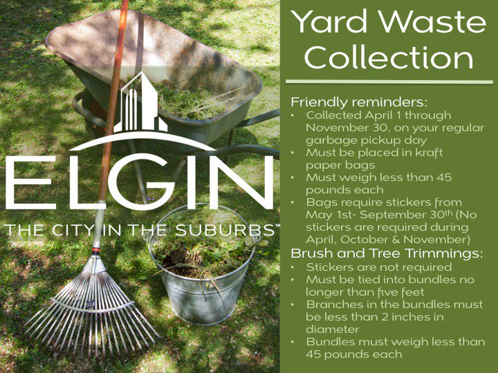 ElginIL's tweet photo. REMINDER: Yard waste is collected on your regular garbage pickup day &amp; must be placed in kraft paper bags, each weighing under 45 lbs. Brush &amp; tree trimmings do not require stickers.  #ElginIL #Waste #YardWaste https://t.co/98NRpartdA
