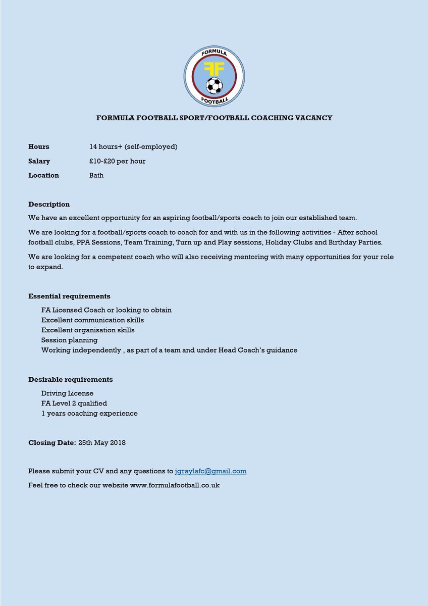 FormulaFooty16's tweet photo. 🗣 Job Vacancy at Formula Football @BathChronJobs ⚽️ https://t.co/yYmeMe3YYf