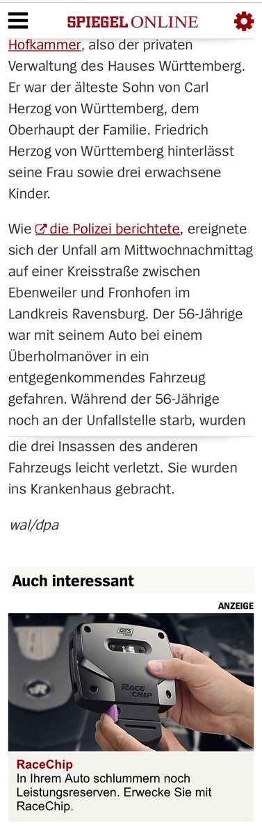 Schon teilweise sehr makaber wie der Algorithmus die Werbung unter den Artikeln verteilt <a href="/SPIEGELONLINE/">SPIEGEL ONLINE</a> #FriedrichHerzogvonWürttemberg