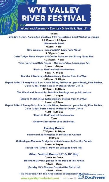 A packed #WyeValleyRiverFestival 2018 programme for Monmouth this Saturday, 12th May including poetry, performances, film and soap box @wyebeauty

Bring along you lanterns and join in the Forest Fire Parade for a treemendous, treefic evening!