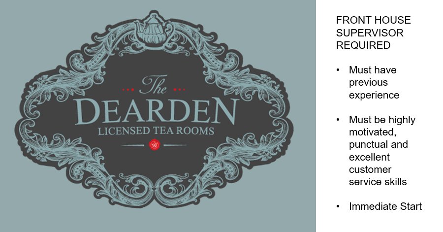 JCPinLancashire's tweet photo. Front of House Supervisor @DeardenTeaRoom  #Rossendale #Haslingden #LancsJobs 
Apply: Forward CV's to kelly.roscoe@dwp.gsi.gov.uk https://t.co/yjLVcRxq00