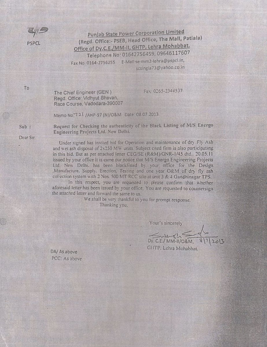 Dchautala's tweet photo. Blacklisted company #EnergoEngineering given contract for Khedar thermal by @BJP4Haryana. https://t.co/12GPK34pXz