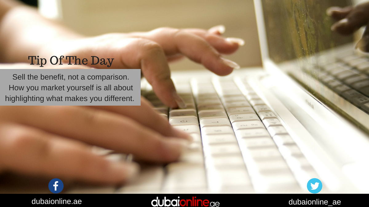 dubaionline_ae's tweet photo. #Tipoftheday "Sell the benefit, not a comparison. How you market yourself is all about highlighting what makes you different."
#DigitalMarketing #MarketingTips #SEO #SMO #MarketingGuru #socialmediastrategy #GrwothHacking
#DubaiOnline https://t.co/UP2p98aHxh