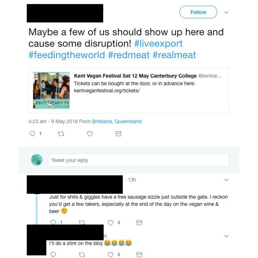 Australian plan to 'cause some disruption' at UK vegan festival this Saturday.