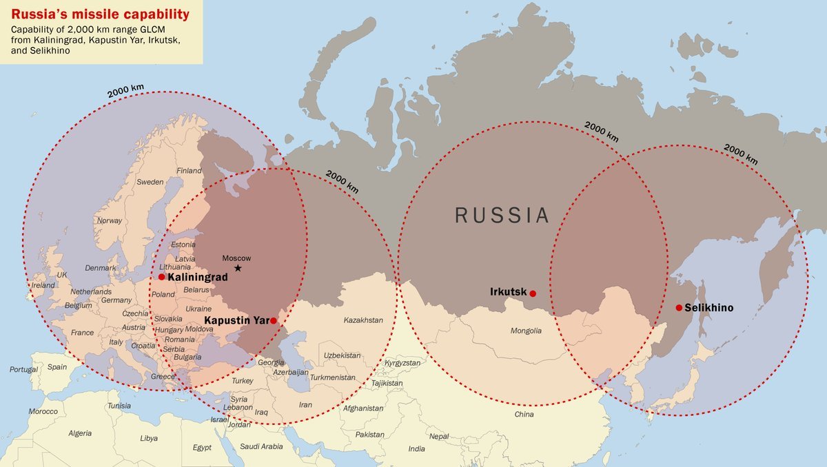 Adhocratius's tweet photo. #Russies Capacité et portée des missiles russes (#GLCMs) depuis les bases de Kaliningrad, Kapoustine, Yar, Irkoutsk &amp; Selikhino. Via #BrookingsInst. https://t.co/KnEyuY1VLH