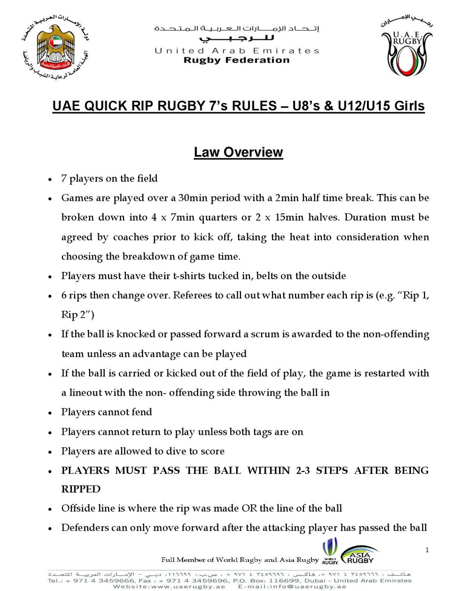 Uae Rugby Federation Sur Twitter Uaerf Is Pleased To Release Season 18 19 Regulations Updates 1 Introducing The Newest Quickrip Rugby 7s Game Laws As A Pathway To U8 S U12 U15 Girls