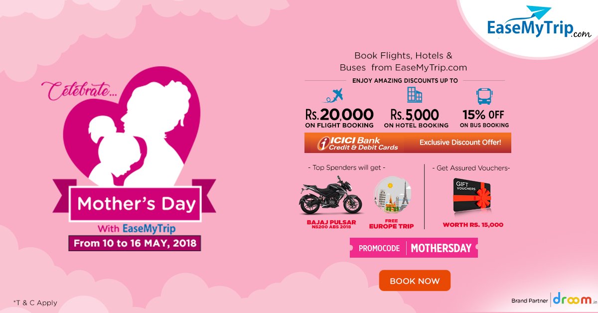 EaseMyTrip's tweet photo. Grab Best Travel Offers for Your Loved Ones on Mother’s Day
#CelebrateMothersDay #BestTravelOffers @letsdroom @ICICIBank #FlightsOffer #HotelsOffer #BusOffers #EaseMyTrip

Book Here: https://t.co/ls8j9fC81o https://t.co/H5DuJZnoGd