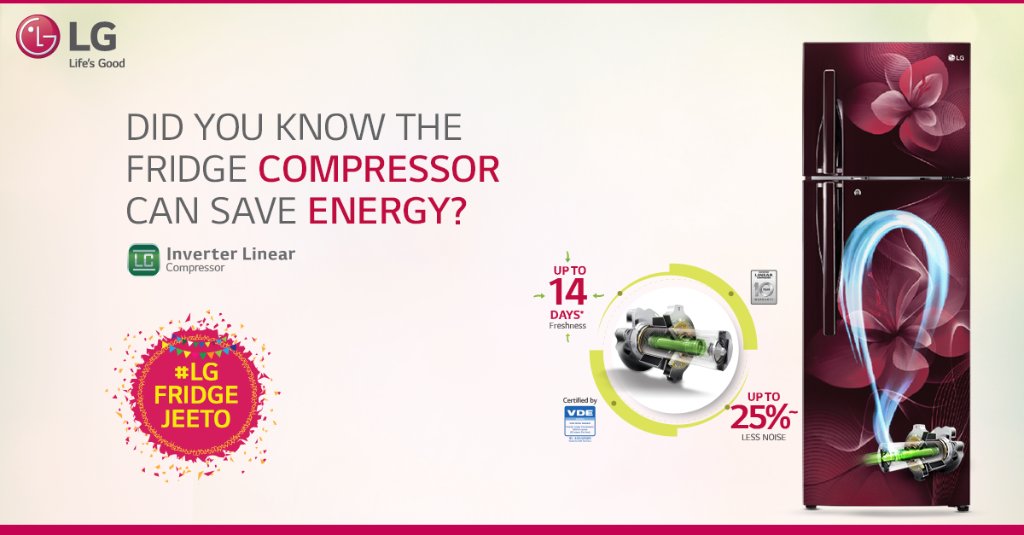 LGIndia's tweet photo. Did you know that the #InverterLinearCompressor in #LG Frost free refrigerator can save upto 51% energy? Participate today in the #LGFridgeJeeto contest to win amazing LG Refrigerators. https://t.co/Ub72e87G8Z https://t.co/3qpSZod3q8