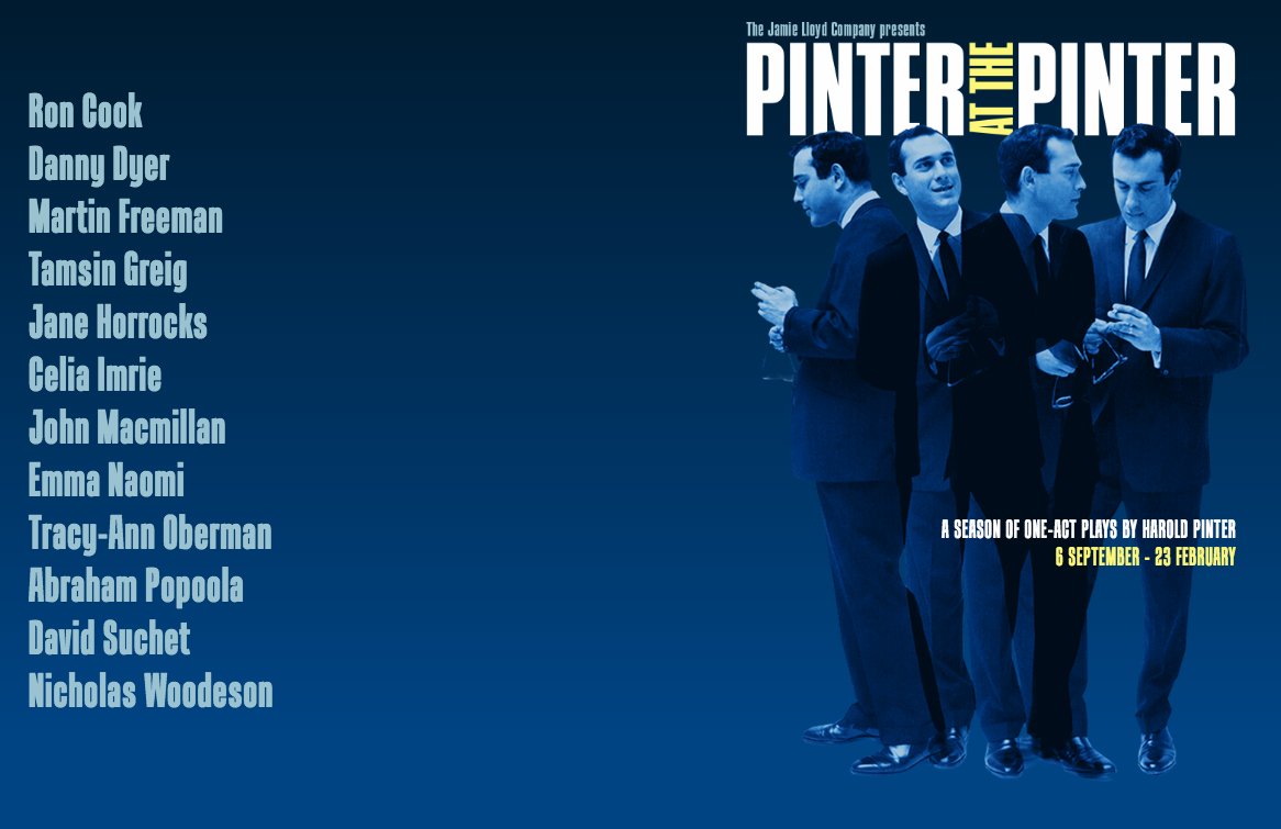 TerriPaddock's tweet photo. What a cast! Ron Cook, Martin Freeman, Tamsin Greig, Nicholas Woodeson, @MrDDyer @janehorrocks_ @CeliaImrie @TracyAnnO & @David_Suchet feature in #PinterAtPinter, @LloydJamie's season of one-act #HaroldPinter plays running 6 Sep-23 Feb.
Where? @HPinterTheatre, of course! https://t.co/QPbfrz33Lg