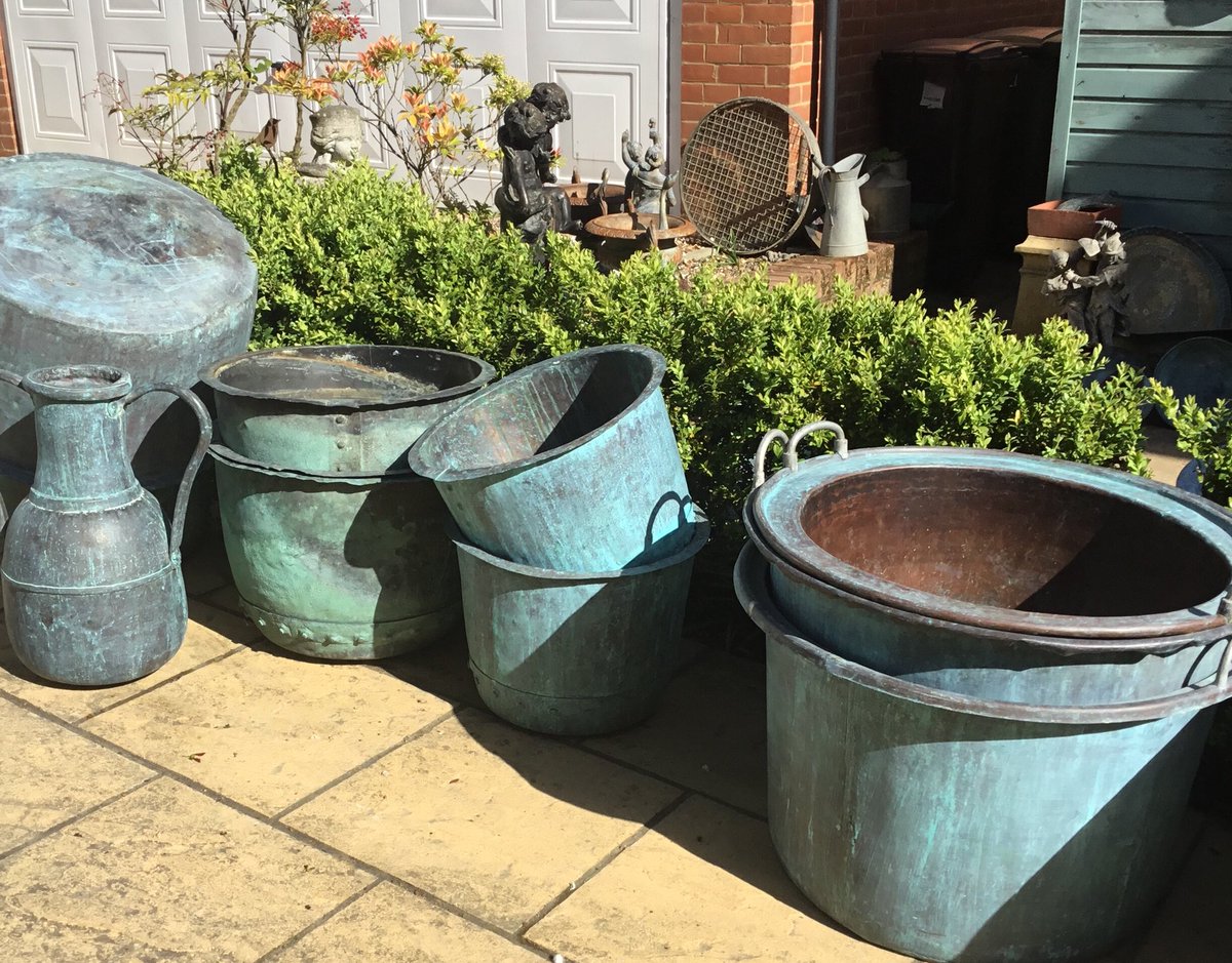 GardenBrocante's tweet photo. Lining up some of the bigger pieces of verdigris copper going to #RHSChelsea https://t.co/xml2ohnlTI