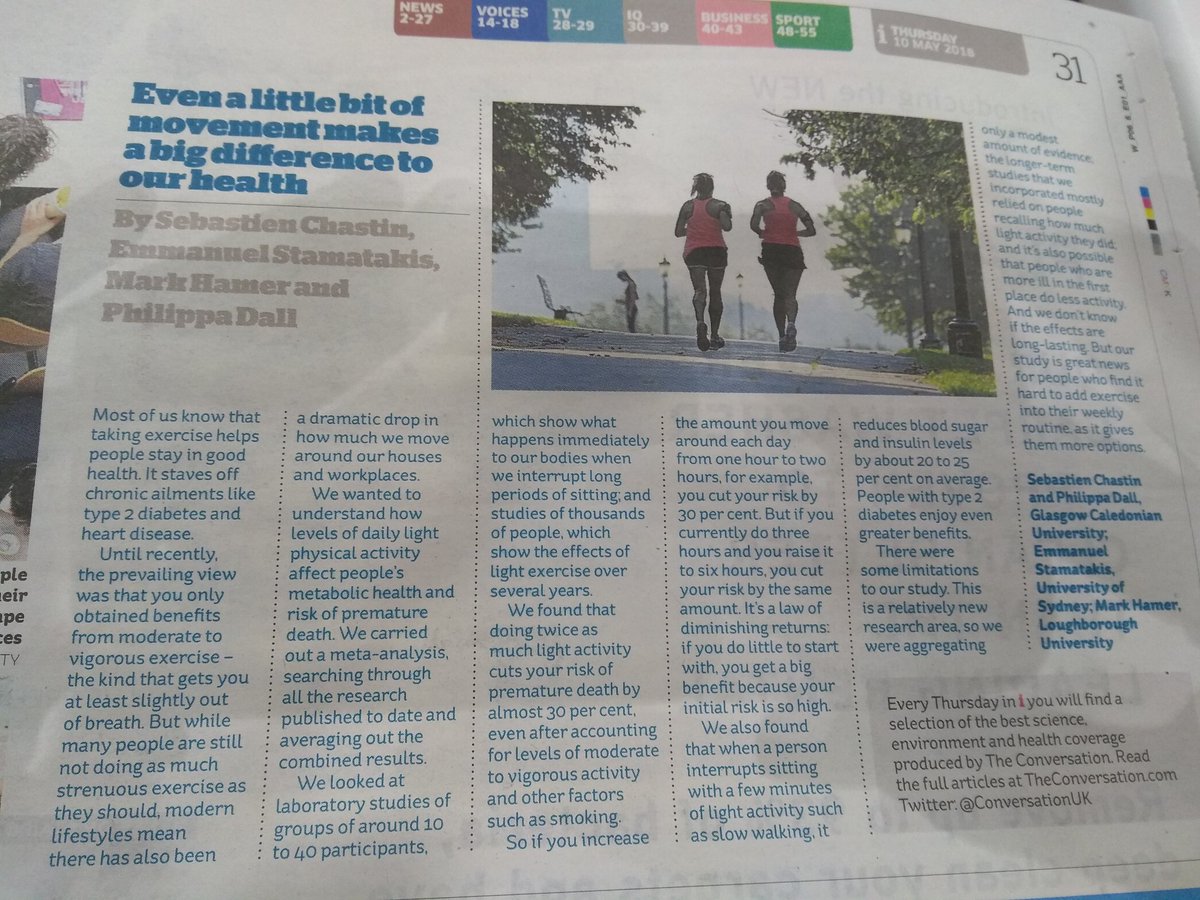 HealthPhysio's tweet image. Great to see a sensible and non-sensationalist piece in a newspaper about the benefits of exercise. An important message too: &quot;if you do little (movement) to start with, you get a big return (by starting)&quot;.
HT @theipaper  
#ExerciseWorks #MovementForMovement