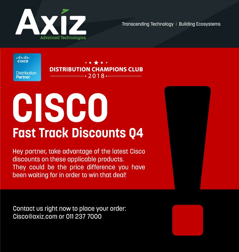 mvanwykie's tweet photo. The technology & price is right. Use @Cisco #FastTrackPromo discounts to save some extra Rands with your purchase. Contact our team today for a free quote & place an order :). Applicable for registered @Cisco & @axizsa partners
#CiscoDCC18 #DCCAxiz18 #DiscountsMadeEasy https://t.co/kh0R1uz9Mf