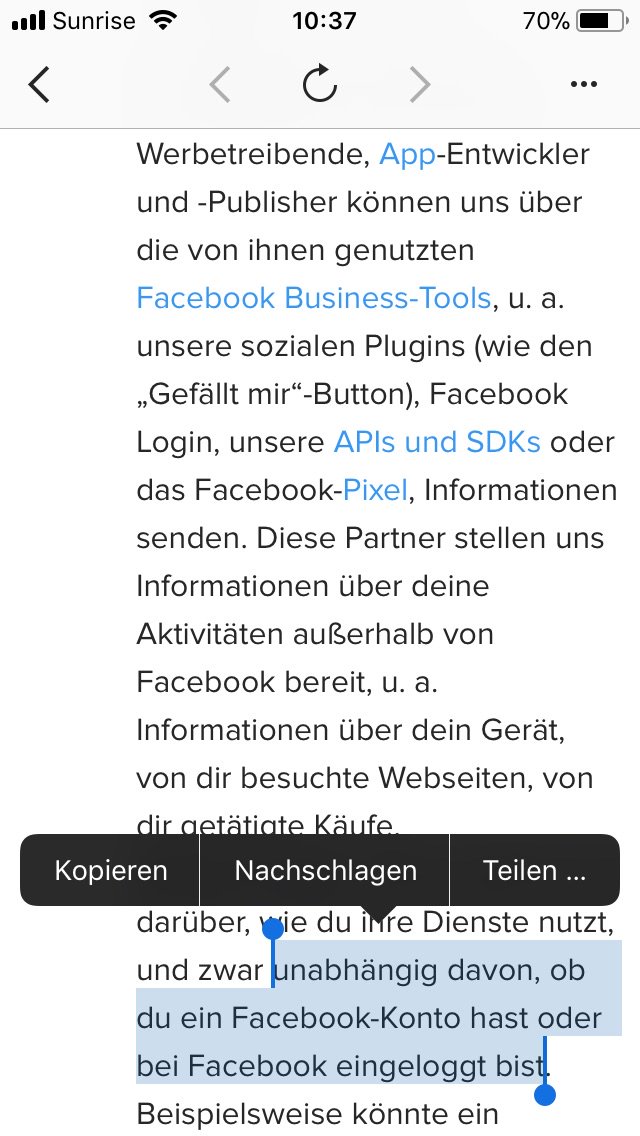 telmiger's tweet image. Obwohl FB/Instagram alles über mich wissen, was möglich ist – auch die Bildschirmgrösse –, schaffen sie es nicht, die Datenschutzerklärung passend zu formatieren.
#Designfail #Typographie #SmallScreen #Datenschutz