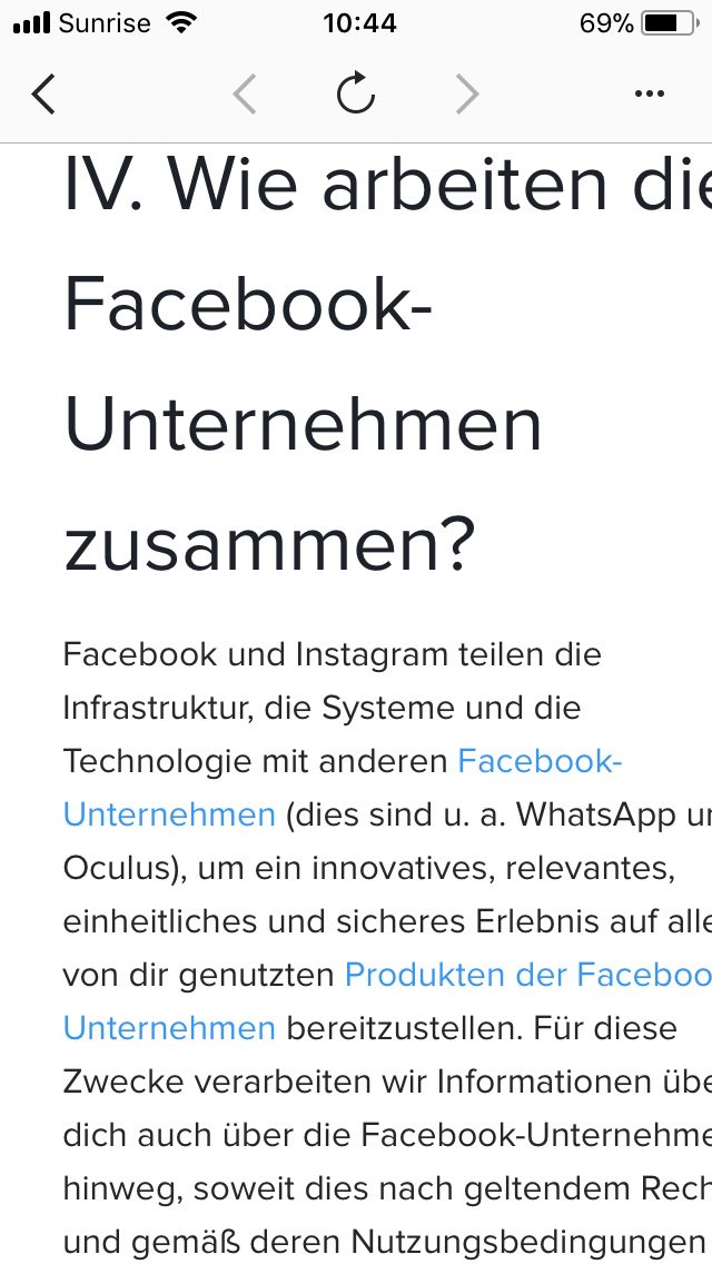 telmiger's tweet image. Obwohl FB/Instagram alles über mich wissen, was möglich ist – auch die Bildschirmgrösse –, schaffen sie es nicht, die Datenschutzerklärung passend zu formatieren.
#Designfail #Typographie #SmallScreen #Datenschutz