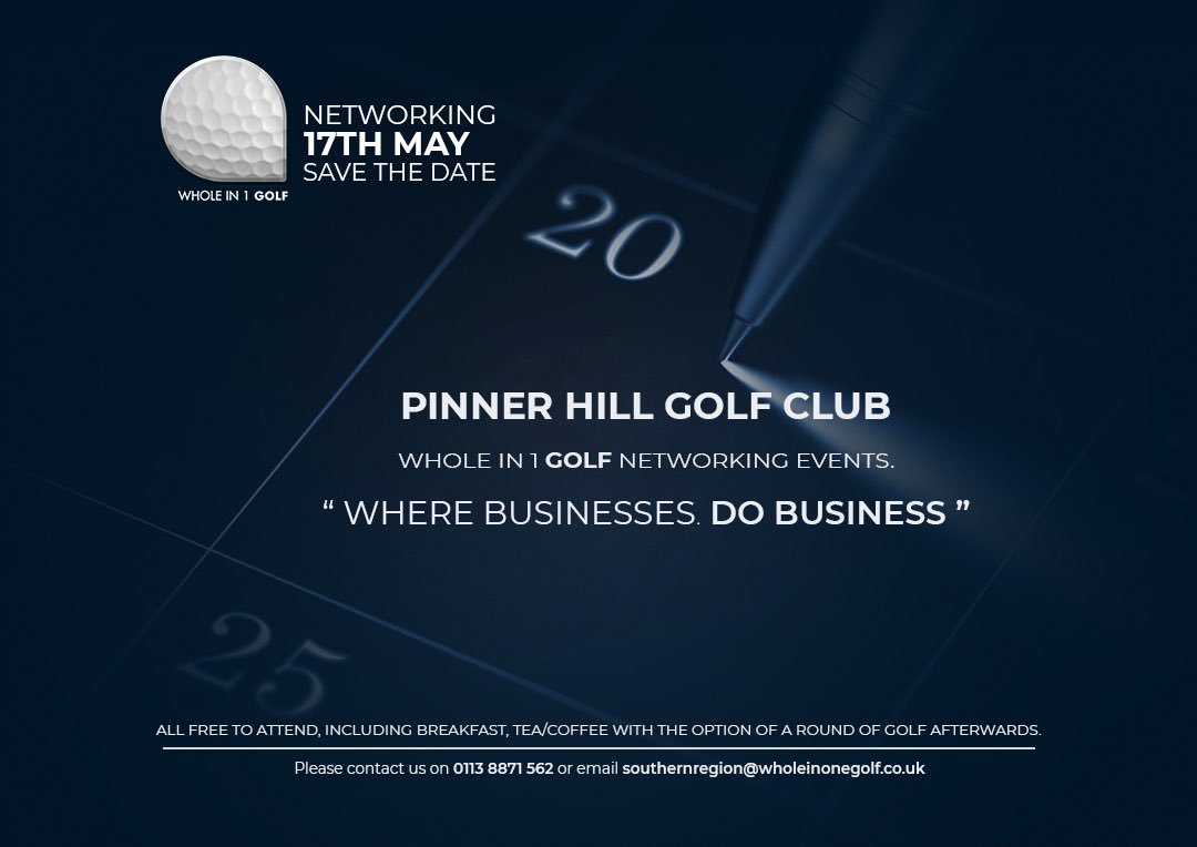 PinnerHillGolf's tweet photo. A week to go until we host the @Wholeinonegolf networking event on Thursday 17th May - all of our members, visitors and sponsors are invited to attend! @Middxcgu https://t.co/55oNBLcVd5