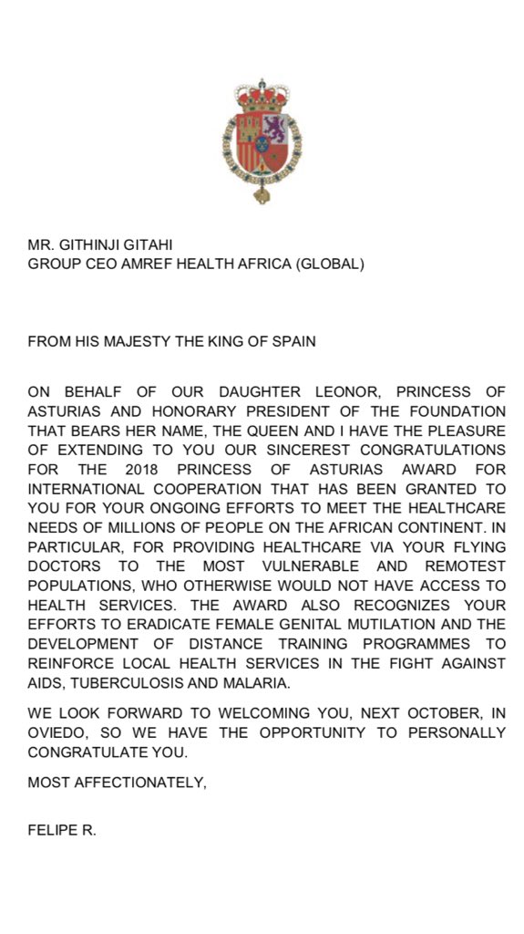 So we got this letter from His Majesty the King of Spain. We are royally honoured to be the agents of an organization <a href="/Amref_Worldwide/">Amref Health Africa</a> that African Communities have built bottom up. To His Majesty, the communities appreciate the Global recognition of their Local efforts <a href="/AMREF_ES/">Amref Salud África</a>