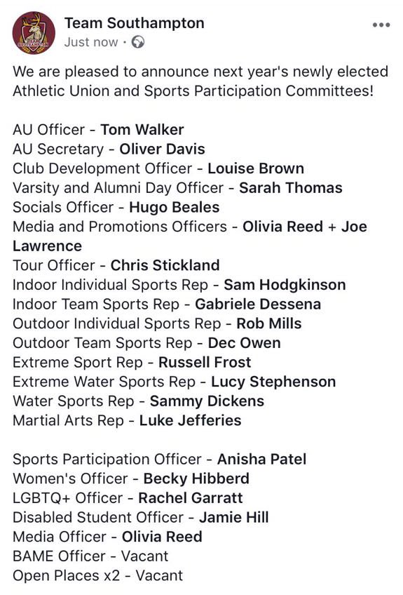 Bringing you the 2018/19 Athletic Union and Sports Participation Committees! Our very own new President LouBro is now the AU's Club Development Officer !!!