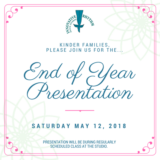 Kinder families, please join us for an in-class End of Year Presentation on Saturday May 12th, during the last 15 minutes of class. #IRDance #KinderDance #KidsWhoDance #DanceClass #Etobicoke