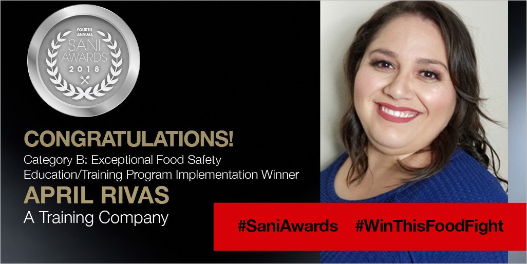 WeAreSaniPro's tweet photo. Congratulations to the 2018 #SaniAwards winner in Category B: April Rivas. Thank you for helping to #WinThisFoodFight against foodborne illness. Join us for a Q&A with the Sani Award winners at the #FoodSafetySummit solution stage, today at 11am. https://t.co/vrKqujS57d