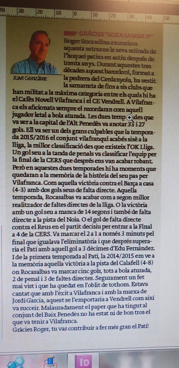 El meu petit homenatge a <a href="/rocasamba/">Roger Rocasalbas Argemí</a> demà a <a href="/el3devuit/">el3devuit</a>. Un jugador que va contribuir molt durant dues temporades a fer més gran el <a href="/CPVilafranca/">Club Patí Vilafranca</a>. Gràcies Roger i molta sort!