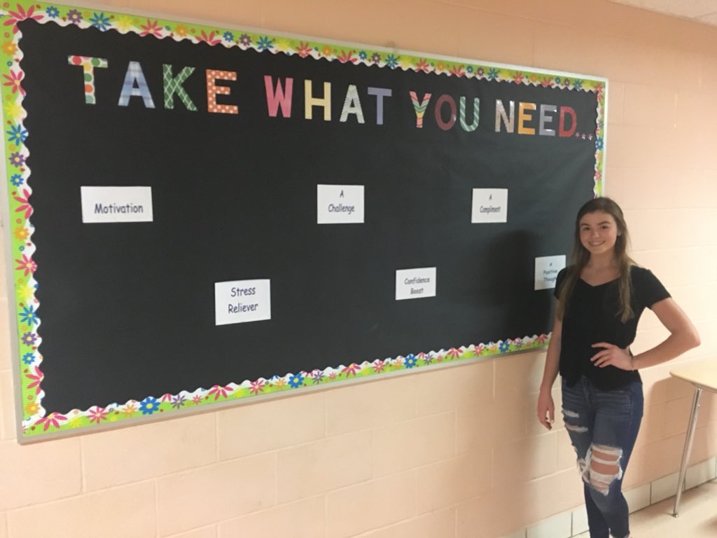 mskimmason's tweet photo. LHS- @michaela_dav created an amazing board filled w/ helpful quotes and reassuring phrases. Choose from 1 of the 6 categories to fill your needs. It will be refilled as needed. The board is located outside my classroom. Thanks Michaela! @LHS_hippert  @lhscouncil2017 @lhs_social https://t.co/Bj215gwlAe