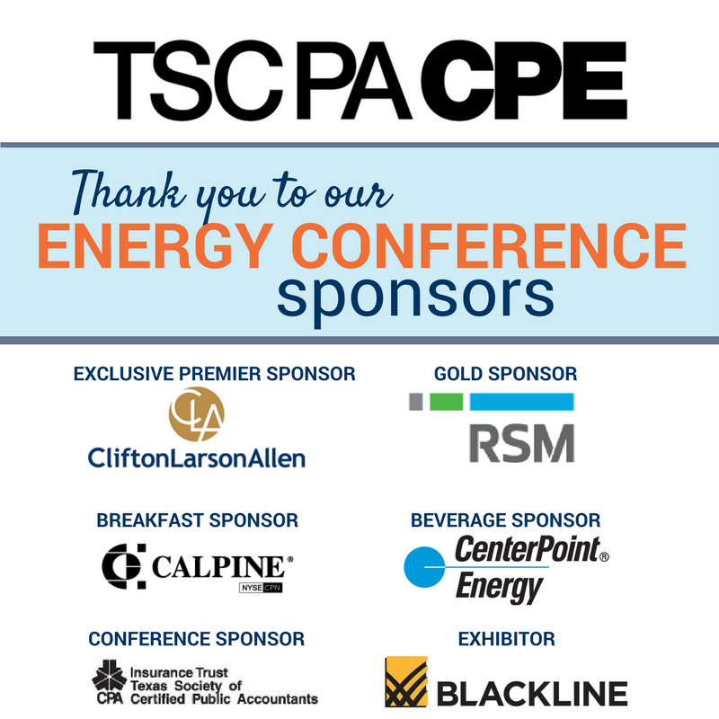 TXCPAs's tweet photo. Have you registered for the 2018 Energy Conference in Austin next week, May 14-15? We'd like to take a moment to thank our wonderful sponsors, @CLAconnect, @RSMUSLLP, Calpine, @energyinsights, TSCPA Insurance Trust and @BlackLine. #TXCPE2018 https://t.co/HDpyGhiEwS