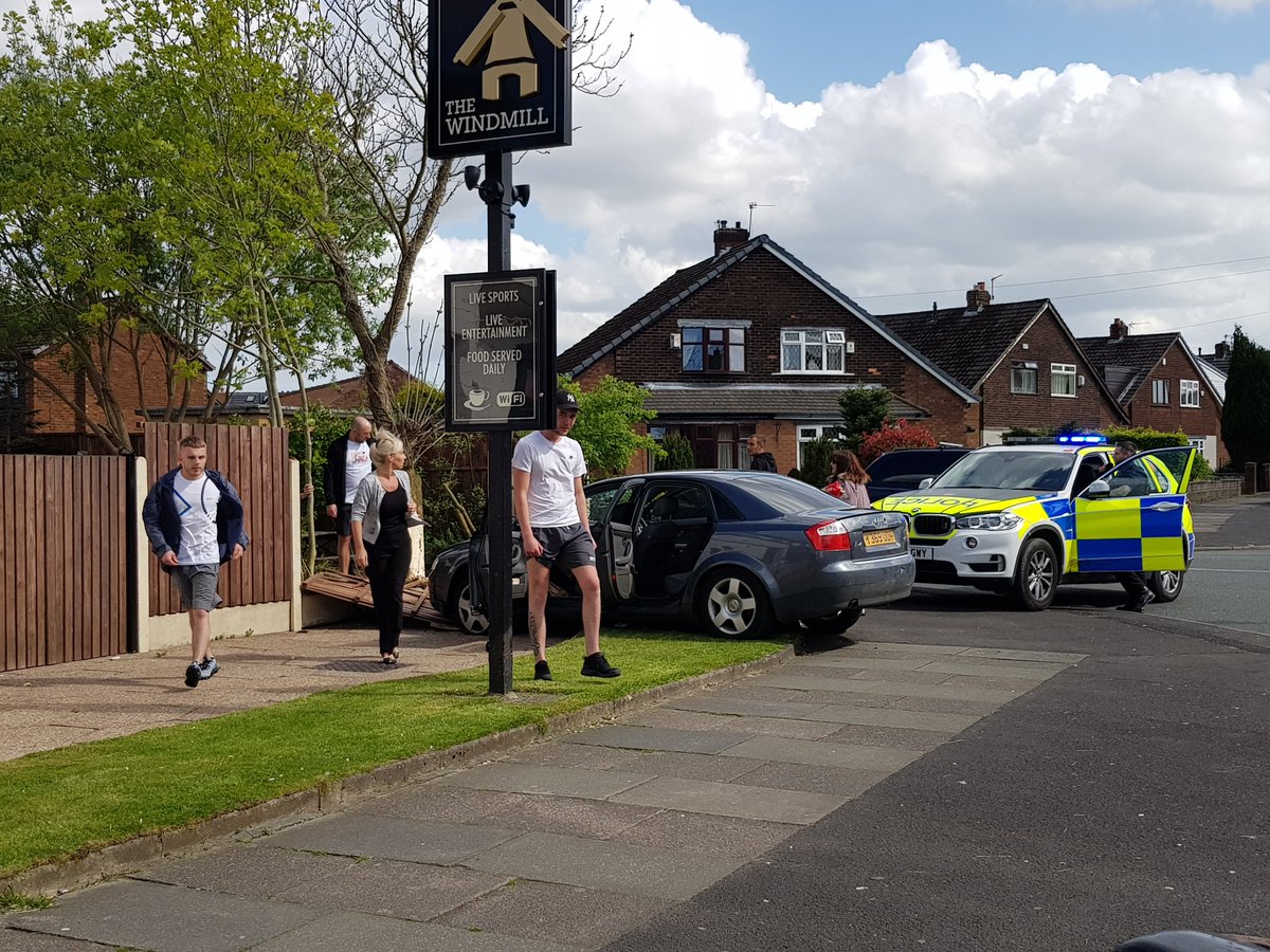 Fogel19's tweet photo. #Police chasing 3 scumbags in a car, crashes into the Windmill and totalled the fence! Fortunately no one was hurt in the beer gardens, bunch of school kids crossing nearby😡 #Manchester https://t.co/51MBvrUDdy