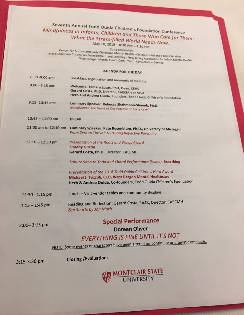 Andrea_Oneal's tweet photo. Attending the Seventh Annual Todd Ouida Children's Foundation Conference @montclairstateu 
Mindfulness in Infants, Children and Those Who Care for them: What the Stressed-filled World Needs Now
#CenterforAutismandEarlyChildhoodMentalHealth #NewJersey #IMH #NJProjectLAUNCH https://t.co/PQAAtIe5da