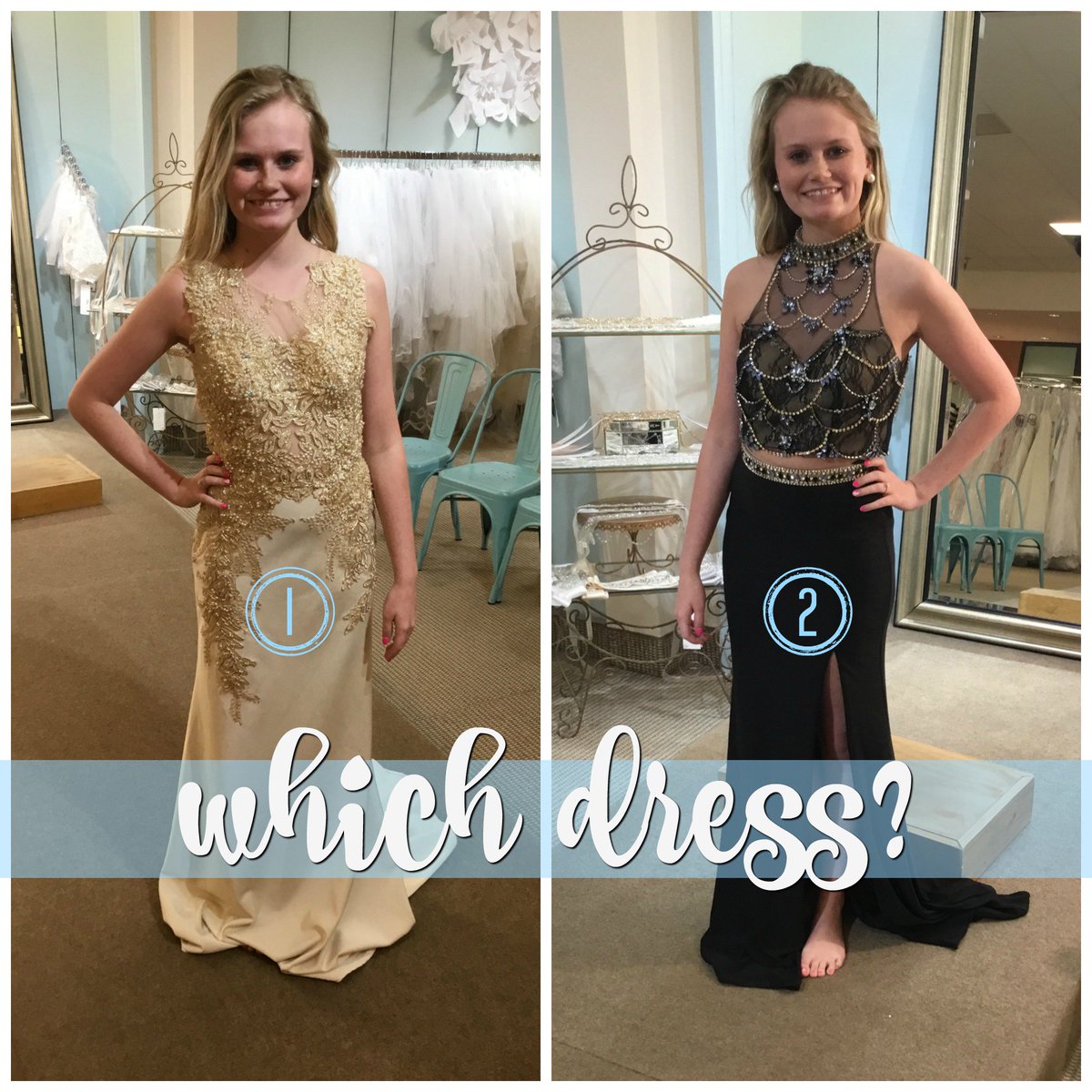 thegildedgown's tweet photo. Beautiful Miranda has tried on so many dresses. She really loves these two by @romanticbridals available at @thegildedgown Which dress should she choose? Please help her decide.... ❤️ #whichdress #yestothepromdress #knoxvilleformalwear #beautifulmiranda #ggsquad #gggirls https://t.co/4Jm6em5bAe