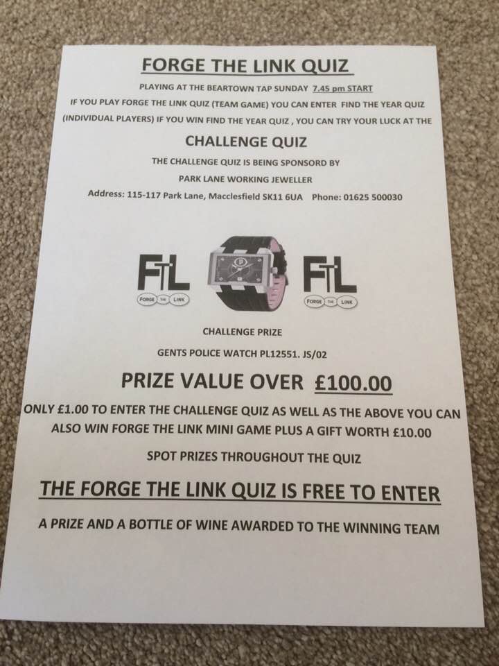 forgethelink's tweet photo. What are you doing this Sunday #MaccHour? Join us at @BeartownTap for the chance to win this amazing prize! 🍻⌚

#macclesfield #cheshire #pubquiz https://t.co/754ALJpqY4