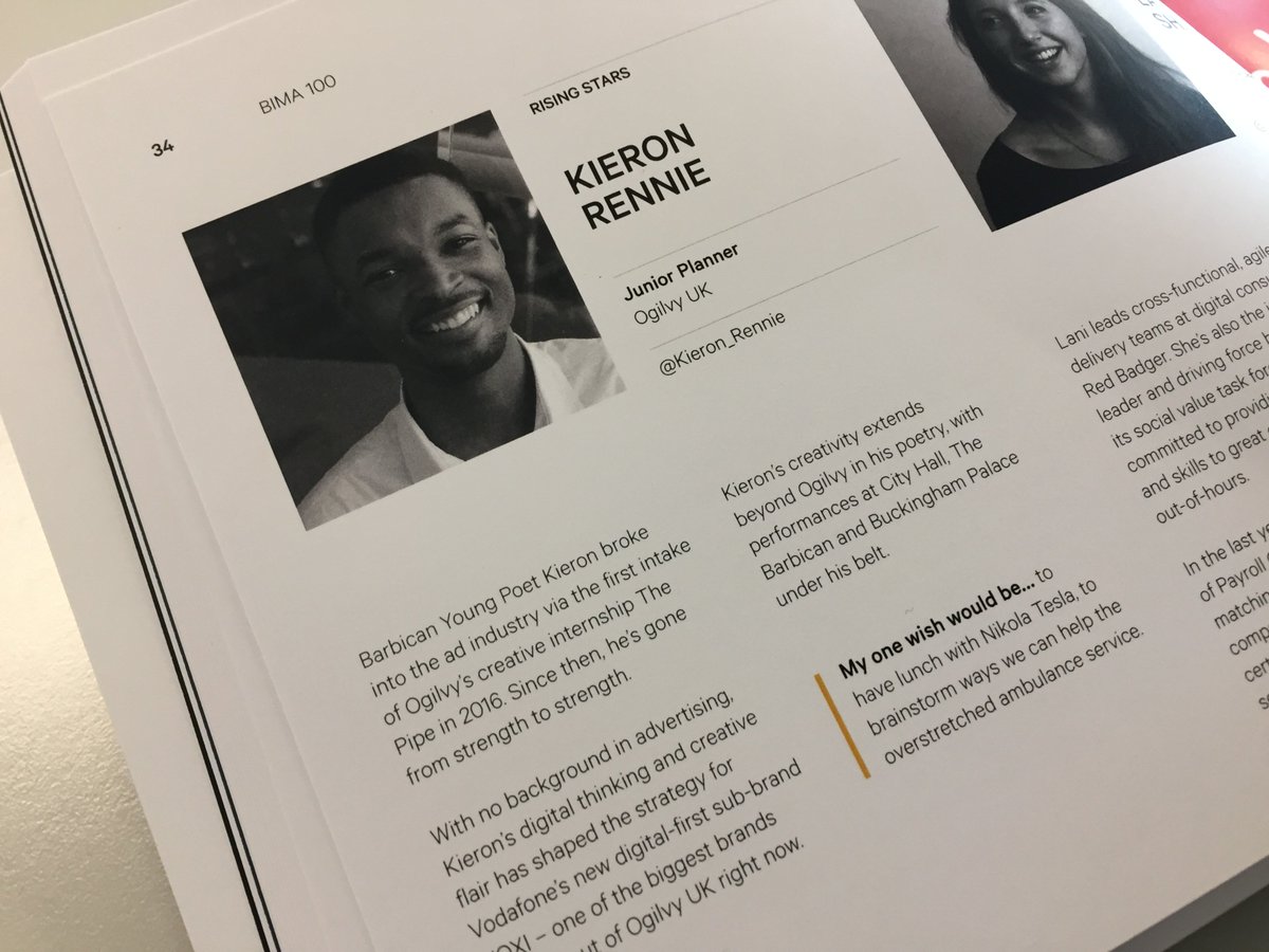 OgilvyUK's tweet photo. From being a Barbican Young Poet to working as a Junior Planner at Ogilvy - we catch up with @Kieron_Rennie following his #BIMA100 listing https://t.co/Hva80ZyQah https://t.co/UtY4AG2PfE