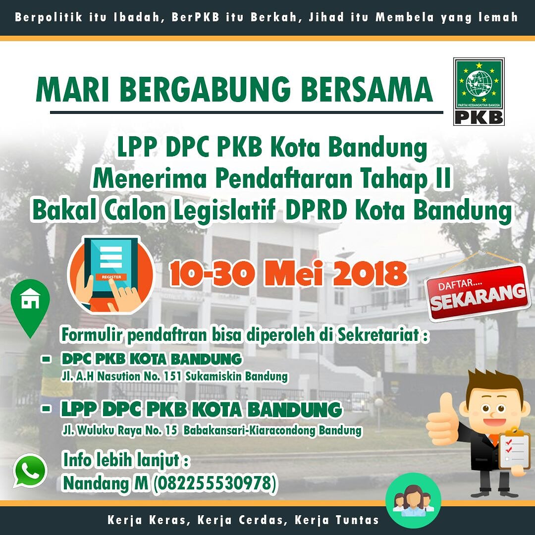LPP DPC PKB Kota Bandung kembali membuka pendaftaran tahap II BACALEG DPRD Kota Bandung. 
Untuk sahabat-sahabat yang mau mencalonkan diri maju di pileg nanti ayo daftarkan sekarang juga. 
<a href="/DPP_PKB/">DPP PKB</a> <a href="/dpwpkbjabar/">DPW PKB JABAR</a>