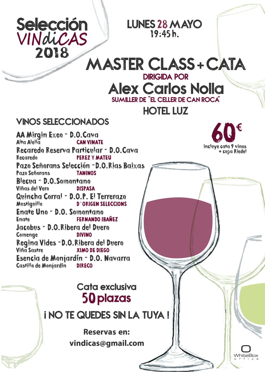 asoc_vindicas's tweet photo. SELECCIÓN VINdiCAS 2018, cata exclusiva plazas limitadas, LUNES 28 MAYO a las 19.45h en el HOTEL LUZ DE CASTELLÓN, 9 vinos top, presenta @Alexcarlosnolla (sumiller de Can Roca). Reservas: vindicas@gmail.com
#vindicas #castellón #vino #winelover #cata https://t.co/1kjYAZnSF5