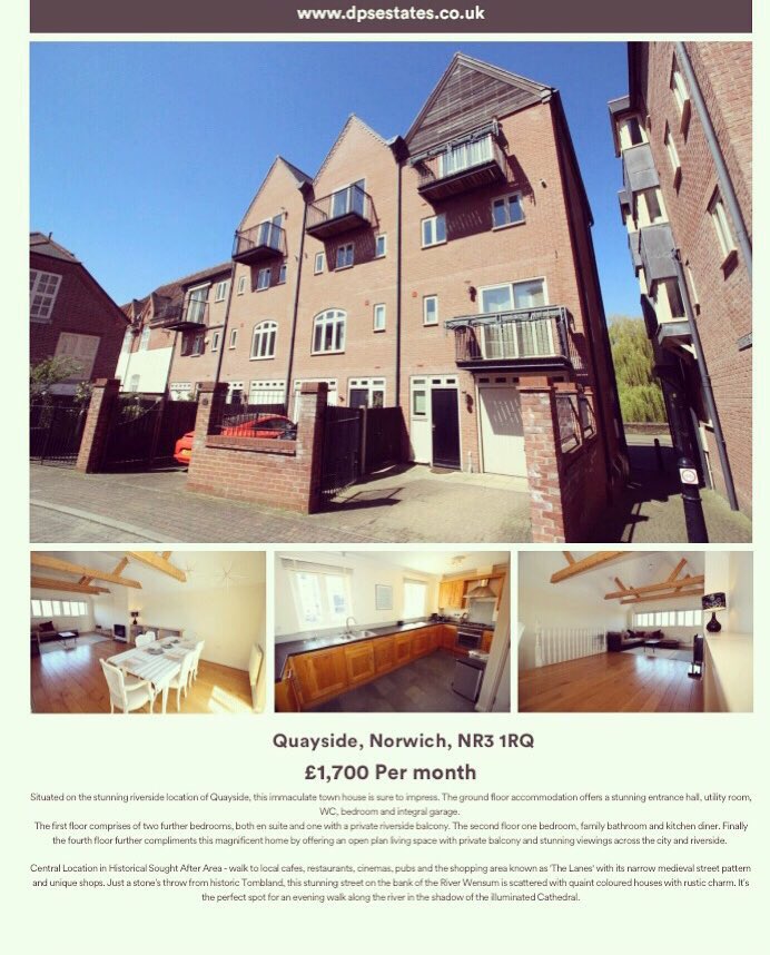 dpsestatesltd's tweet photo. This exceptional 4 bedroom, fully furnished town house with 3 balconies on Quayside is not to be missed. Call now to book a viewing. #norwich #dpsestates https://t.co/0HmJKoJKuX