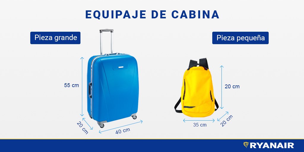 Ryanair España on Twitter: "@LaSepaRateta La maleta de 55 cm x cm x 20 no debe sobrepasar 10 kg,. Saludos." / Twitter