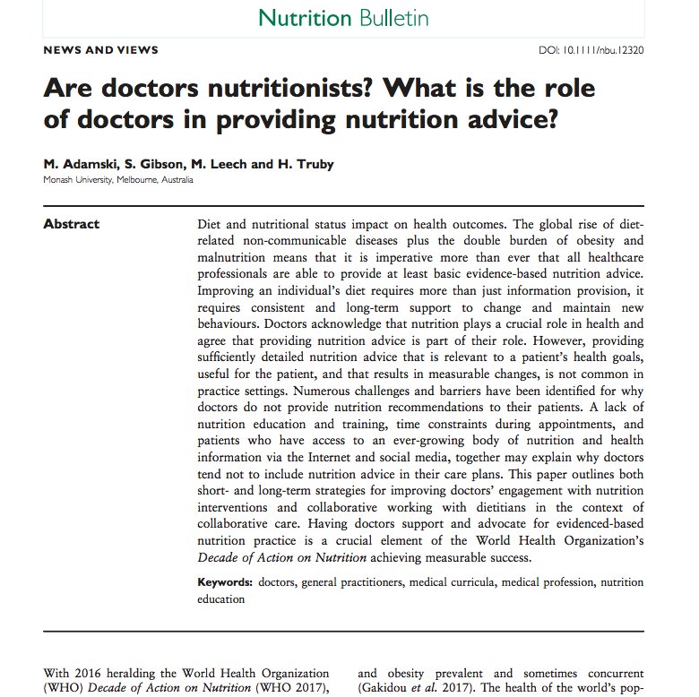 BenBrownND's tweet photo. “So do doctors need to be nutritionists? No, but they do need to play a role in reducing the health impact of poor diet by recognising when and where diet is the major underpinning factor in poor health, and [...] to refer on to those that do.” Reference: https://t.co/7jZQjzEpEN https://t.co/1ViqXH2uCT
