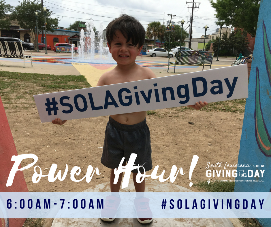 It's our 1st POWER HOUR! What's a power hour? During #SOLAGivingDay we will award $1000 to the organization that can attract the most donations within 1 hour... stay tuned!  Thank you to Andrew Robertson for sponsoring our first contest of the day!