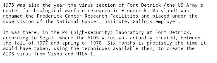 3/n The theory that still circulates but no media will investigate, and research forums won't analyse & discuss, is the HIV virus was created from the VISNA & HTLV-1 virus at the US centre for Biological warfare in Fort Detrick, Maryland, bet 1977-78.