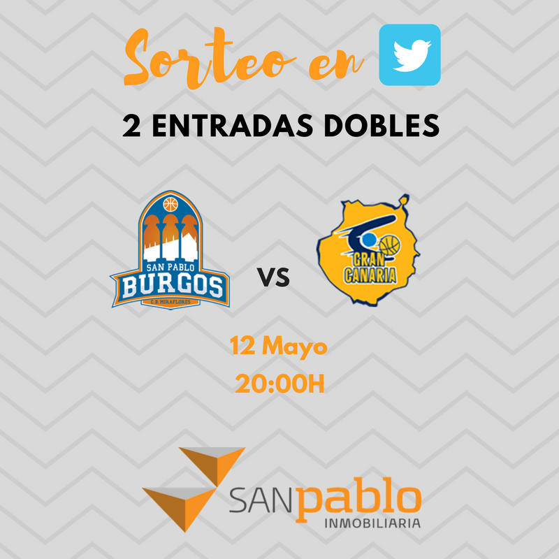 SanPabloInmo's tweet photo. 📢 SORTEO de 2 ENTRADAS DOBLES📢
🏀 San Pablo Burgos 🆚 Gran Canaria
➡️ Participar es muy fácil: Síguenos en Twitter y haz RT a esta publicación.
🕒 Sorteo abierto hasta 11 de Mayo a las 13H
También estamos realizando el Sorteo en Facebook. Participa también allí✌️ https://t.co/wOyorzZZMi