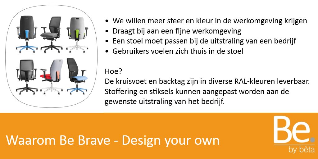 Beta_stoelen's tweet photo. Een van de vijf belangrijke redenen om voor #bureaustoel #BeBrave te kiezen: Design your own
#Beta #Stoelen #Projectinrichting #Kantoorinrichting https://t.co/niR36dsuSV