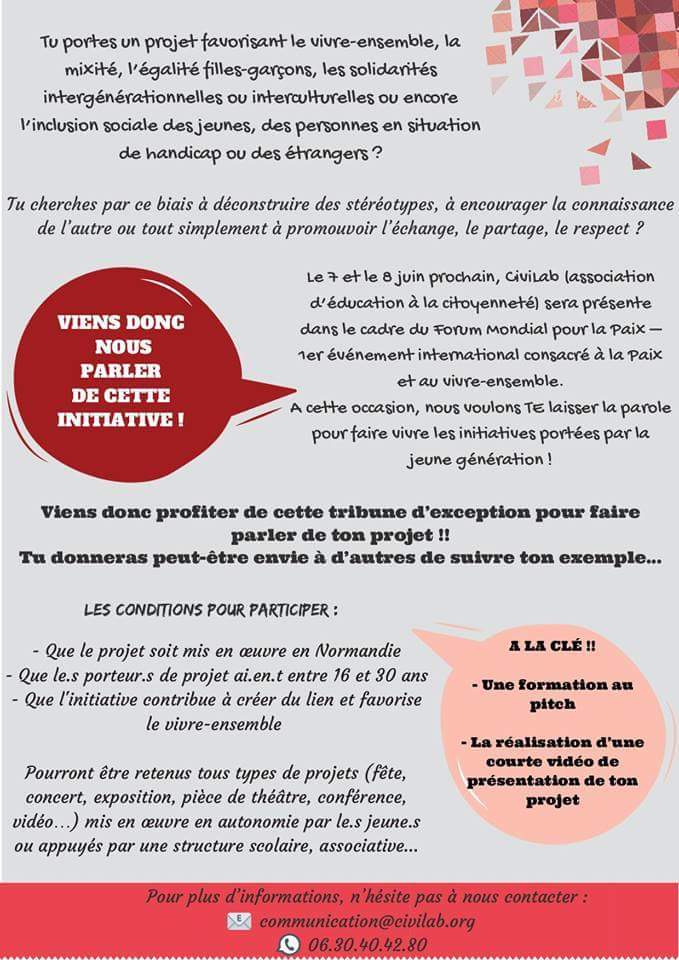 CaenOfficiel's tweet photo. Avis aux 16-30 ans 📣 L'asso #CiviLab recherche des jeunes porteurs de projets favorisant le "vivre-ensemble" en #Normandie ! Leur initiative sera valorisée lors du 1er Forum Mondial #NormandiePourLaPaix les 7 et 8 juin à #Caen 🕊 Réponse pour le 18/05  👉 https://t.co/VE3KLI1GEg https://t.co/qh8m6f74Q9