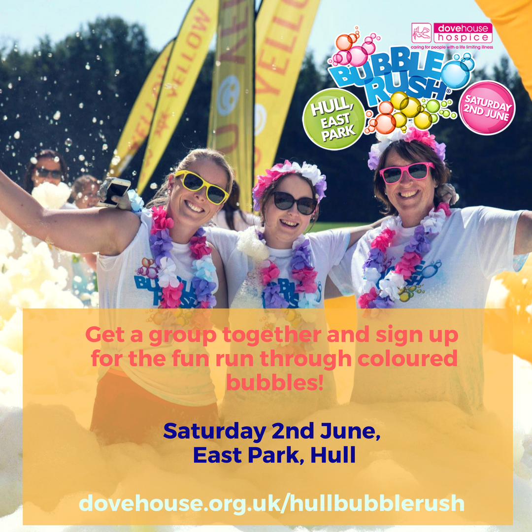 BubbleRushHull's tweet photo. Have you signed up for our foamy #5k yet? There are only 3 weeks to go - so get your bubble on and support @Dove_House The course is family friendly and there's no max or min age limit #seeyouinthebubbles @bubblerush5k
#Hull #activeHull
https://t.co/5edgFxz7DD https://t.co/RpisCf1kOz