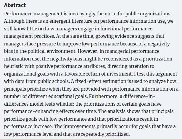 julianhupka's tweet photo. Cool new study in @pmrajpart: Jakob M. Holm finds that public managers use #PerformanceInformation to prioritize organizational goals with poor performance + that this goal prioritization leads to improvements over time https://t.co/Qi4cGRaQeU https://t.co/100QfQxrQv