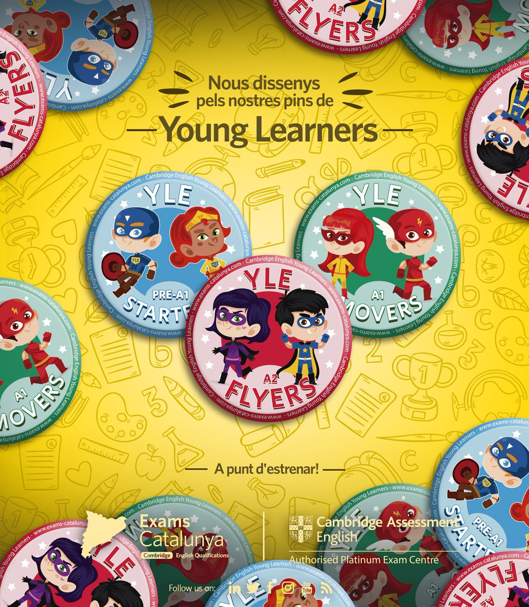 ExamsCatalunya's tweet photo. Estem a punt d'estrenar els nous dissenys pels nostres pins de Young Learners. Esperem que us agradin!
#pins #examscatalunya #YLE #English #lapelpin #barcelona #cambridgeenglish #reward #award #pines #youlglearners #preA1starters #A1movers #A2flyers #school #badge #English https://t.co/eilnGAAyxQ