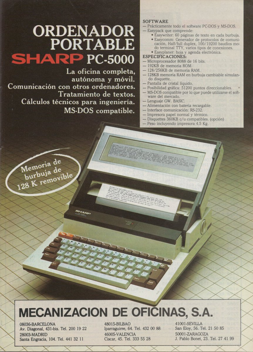 InformatViejuna's tweet photo. Era mayo... pero de 1984... el #Sharp #PC5000 era un portátil innovador, con memoria de burbuja, pantalla LCD... ¡ e impresora ! https://t.co/2YEM5CAqqN https://t.co/jsHZCZtrI8