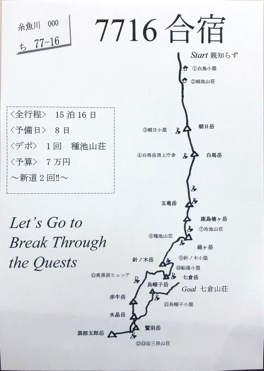 信州大学ワンダーフォーゲル部 V Twitter 合宿の名前の由来 資料にもあるlet S Go To Break Through The Quests の頭文字を取るlgbtqsとなります Lgbtqってイメージカラーが虹色だから なないろ です あと P Lの自宅の車のナンバーが77 16だから という由来も