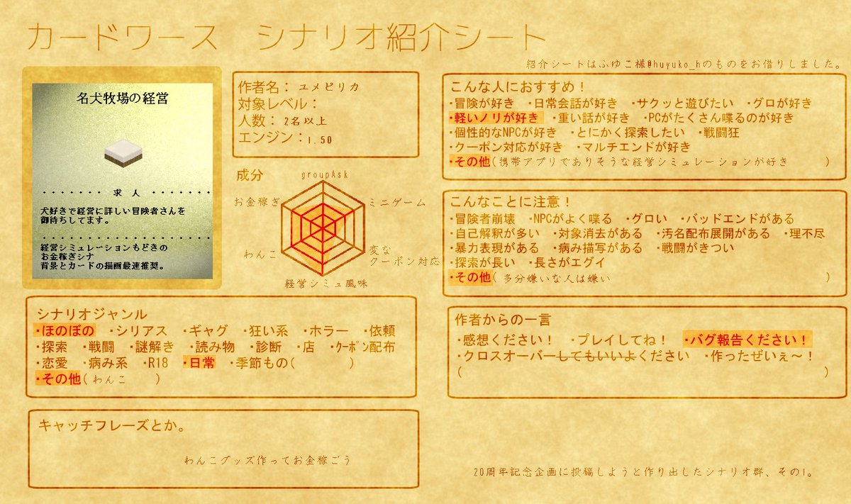 senden_kome's tweet photo. 20周年お祝い企画に提出予定のシナリオのテストプレイにご協力下さい。よろしくお願いします。
名犬牧場の経営
https://t.co/Wl8X6m5c97
千夜と一夜の夢物語
https://t.co/vxLkEgeVot https://t.co/Iu7JB6j0lc